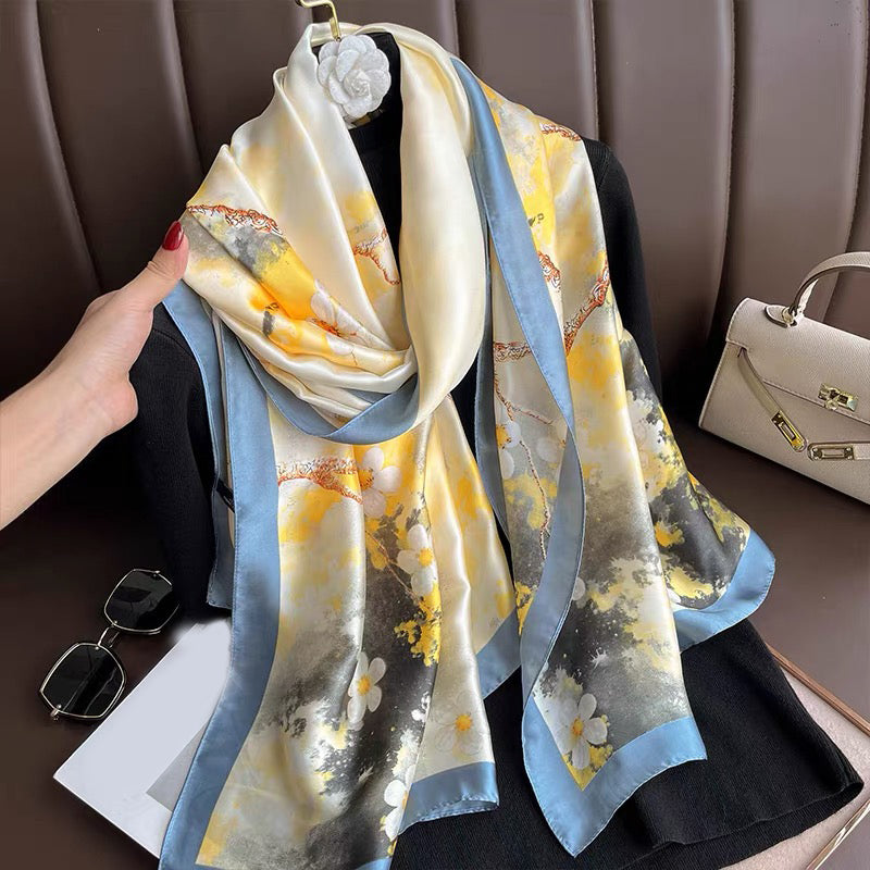 Silk Feel Floral Scarf Yellow Blue Large Shawl Wrap 180cm x 90cm
