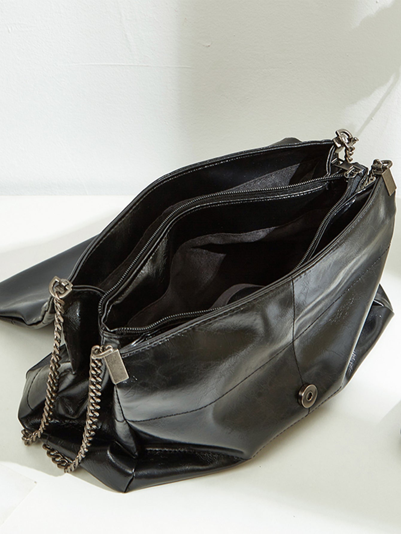 Black Quilted Faux Leather Chain Shoulder Bag Multi Compartment Purse