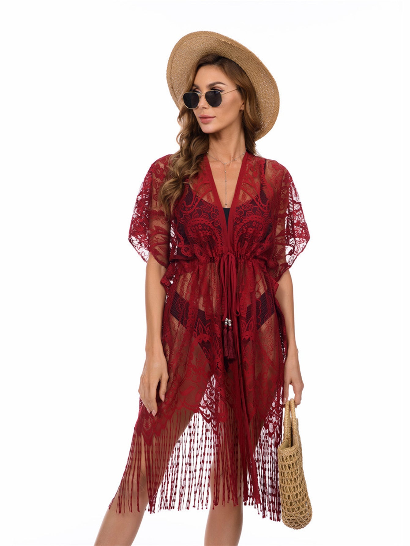 Women Floral Lace Swimsuit Cover Up Set Tassel Hem Beach Kimono Cardigan