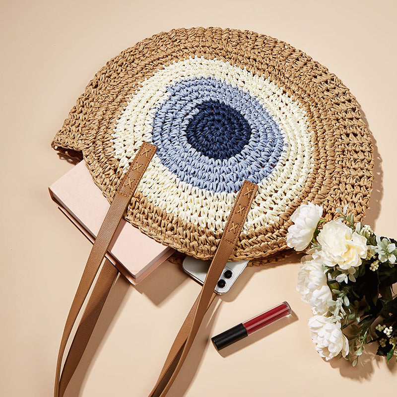 Round Woven Straw Shoulder Bag Bohemian Tote Beach Purse Summer Travel Handbag