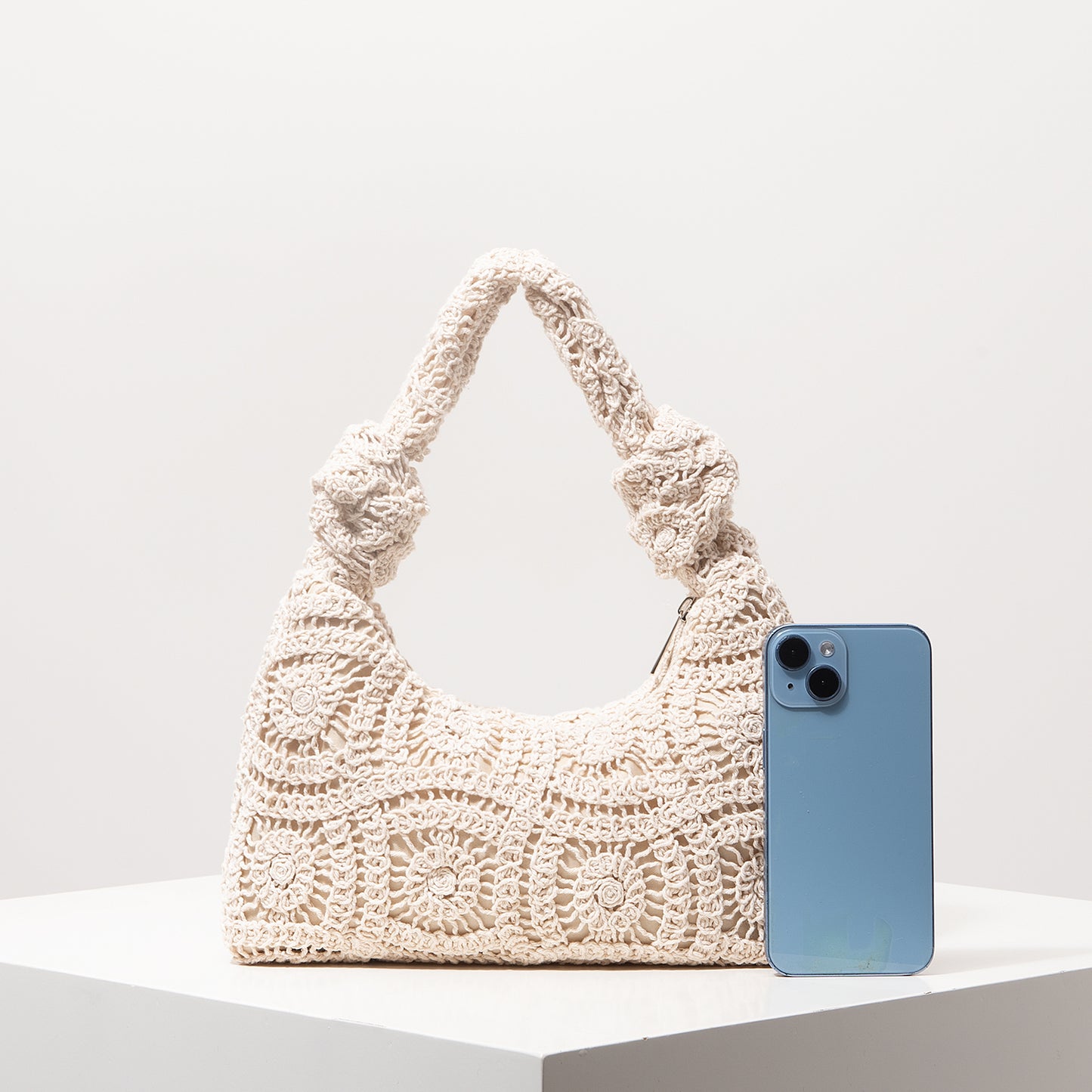 Crochet Knot Hobo Bag Cream Boho Knit Slouchy Shoulder Purse Summer Beach Tote