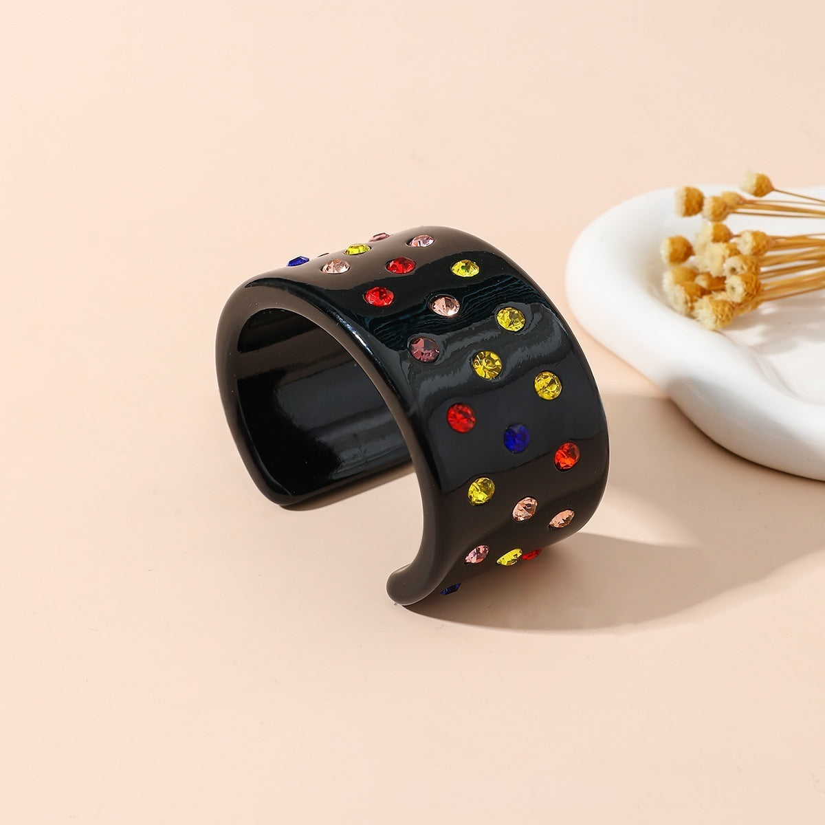 Crystal Inlaid Resin Cuff Bracelet Wide Bangle Summer Accessory