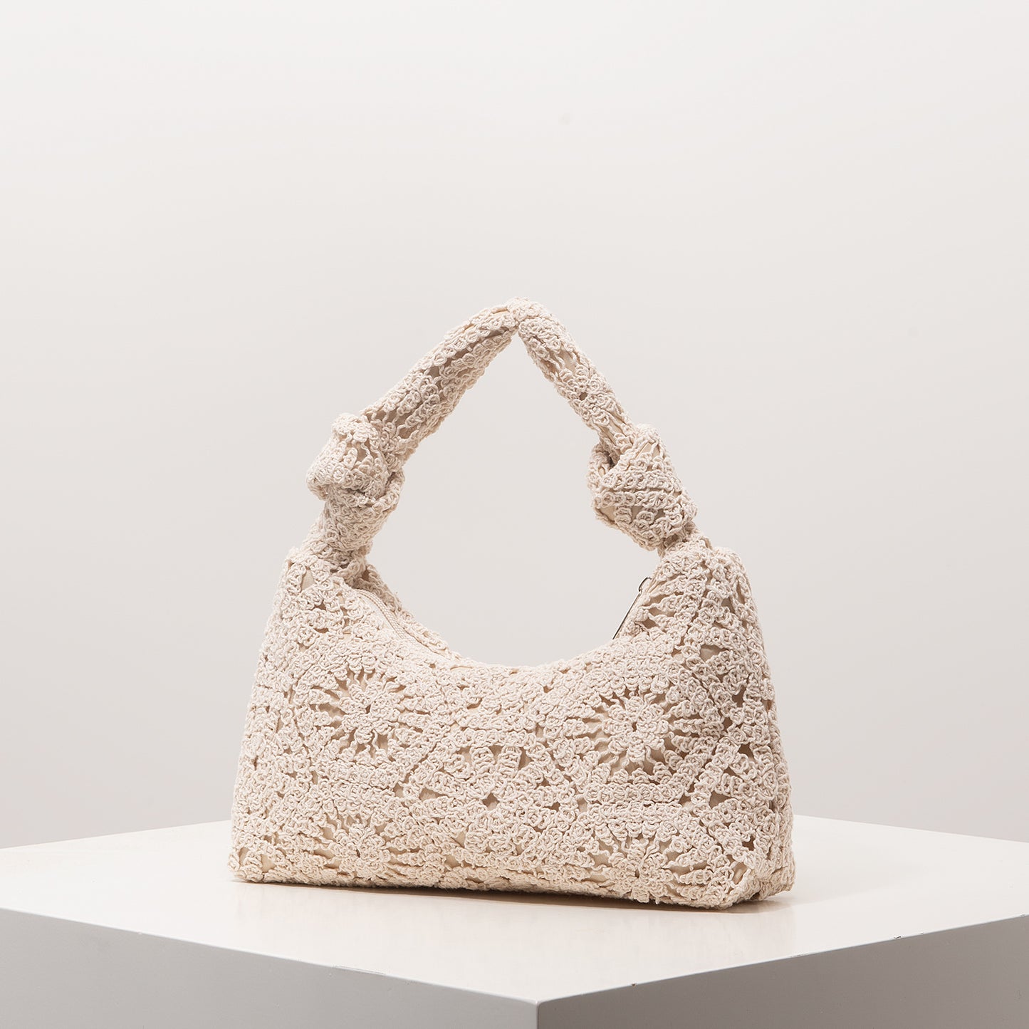 Crochet Knot Hobo Bag Cream Boho Knit Slouchy Shoulder Purse Summer Beach Tote