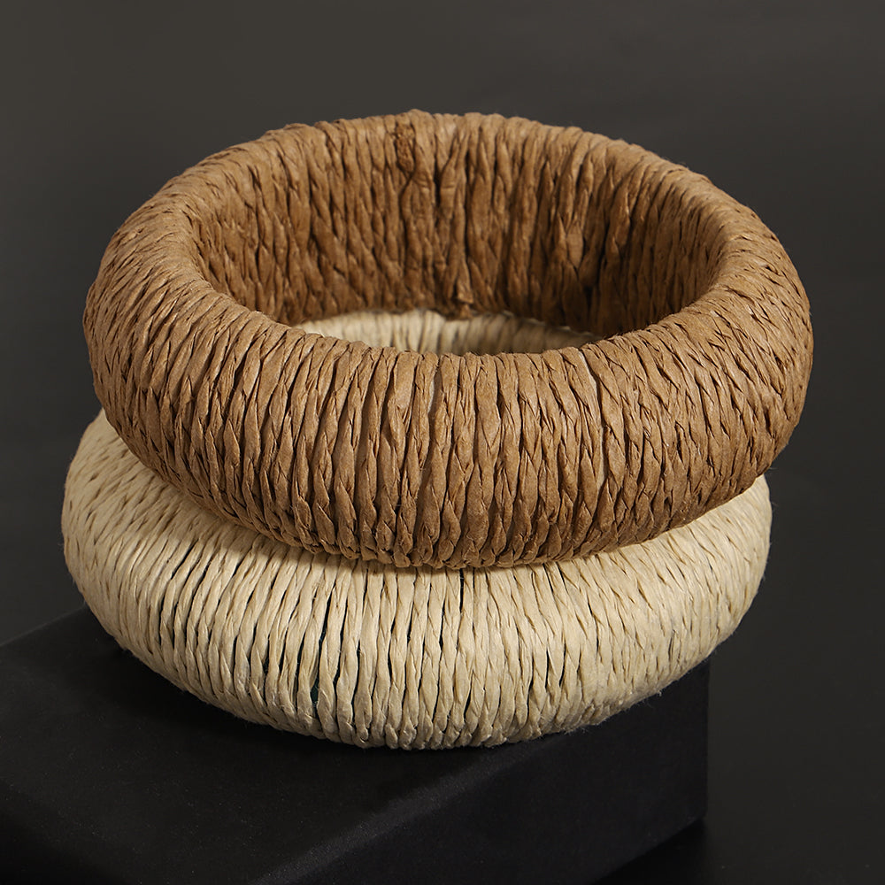 Woven Raffia Bangle Neutral Boho Stackable Straw Bracelet
