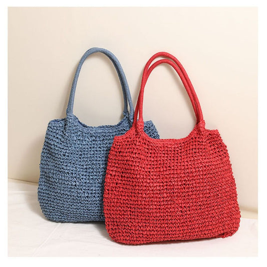 Handwoven Straw Shoulder Tote Bag | 19" x 15" Boho Beach Handbag in 5 Colors