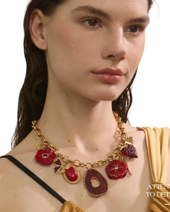 Gold Tone Chunky Chain Necklace with Red Resin Flower and Heart Charms