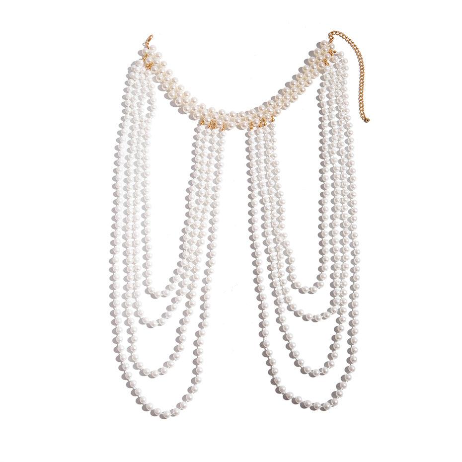 White Faux Pearl Body Chain Multilayer Shoulder Necklace Jewelry Set