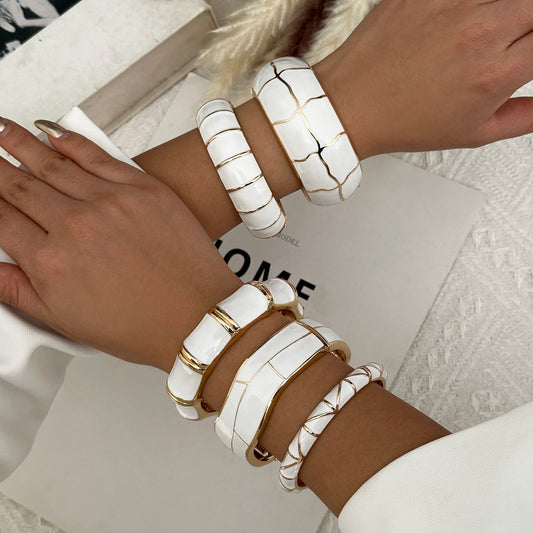 Cream Enamel Gold Tone Bangle Minimalist Stackable Bracelet