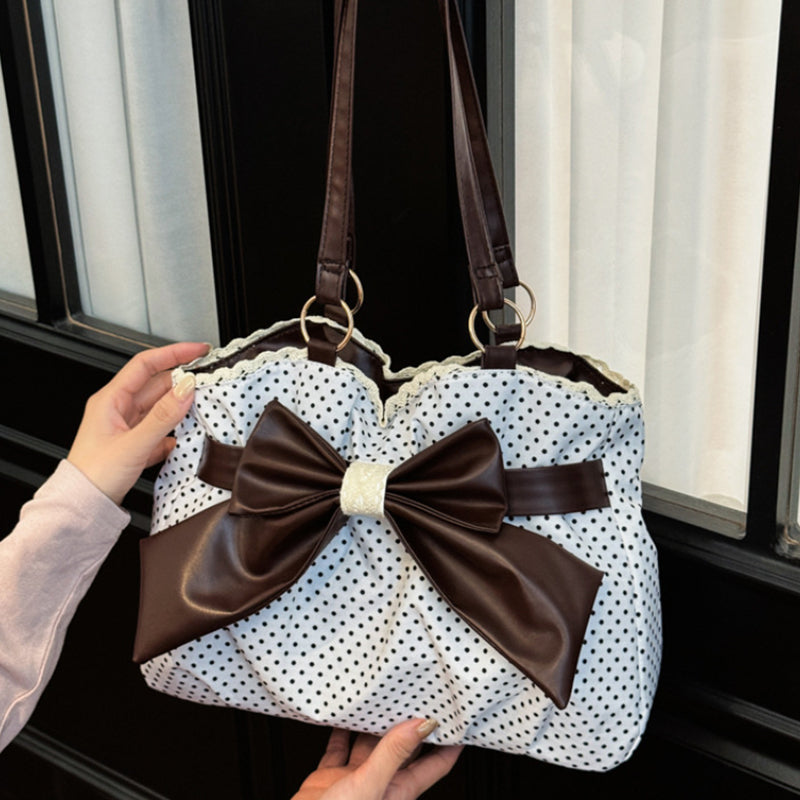 Polka Dot Bow Shoulder Bag Coquette Aesthetic Lace Trim Ruched Tote