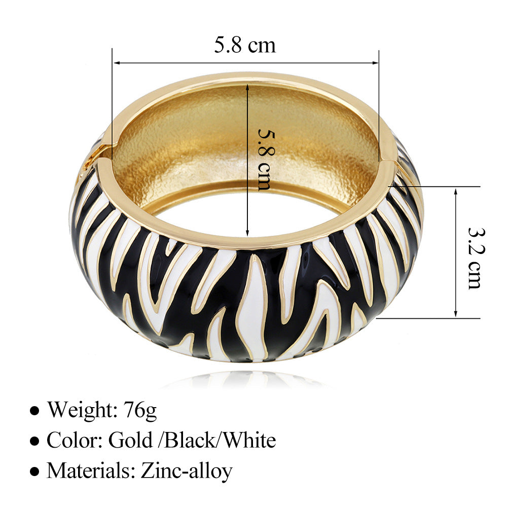 Zebra Stripe Enamel Bangle Bracelet Gold Tone Black White Wide Statement Jewelry