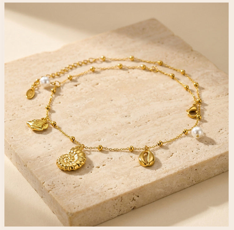 Gold-Plated Nautical Charm Necklace with Freshwater Pearl