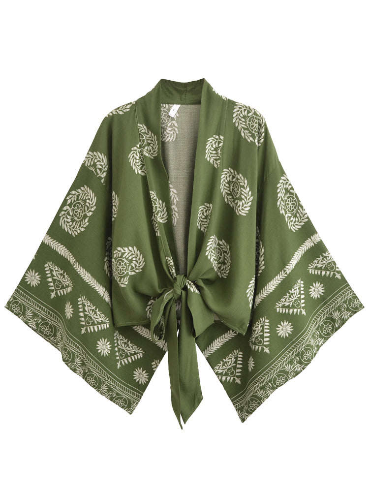Boho Tie Front Kimono Cardigan Paisley Floral Lightweight Summer Cover Up
