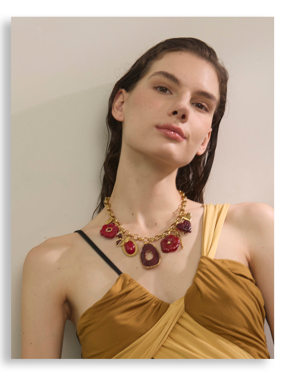 Gold Tone Chunky Chain Necklace with Red Resin Flower and Heart Charms
