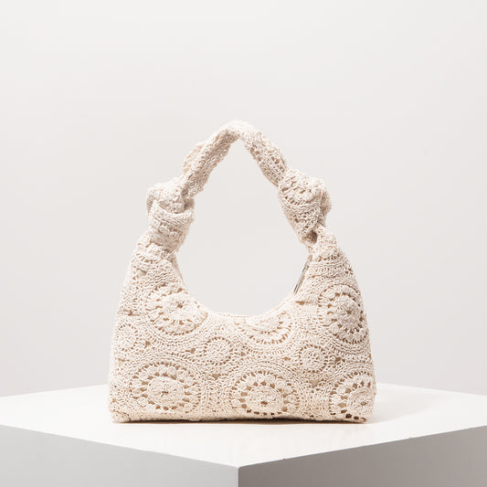 Crochet Knot Hobo Bag Cream Boho Knit Slouchy Shoulder Purse Summer Beach Tote