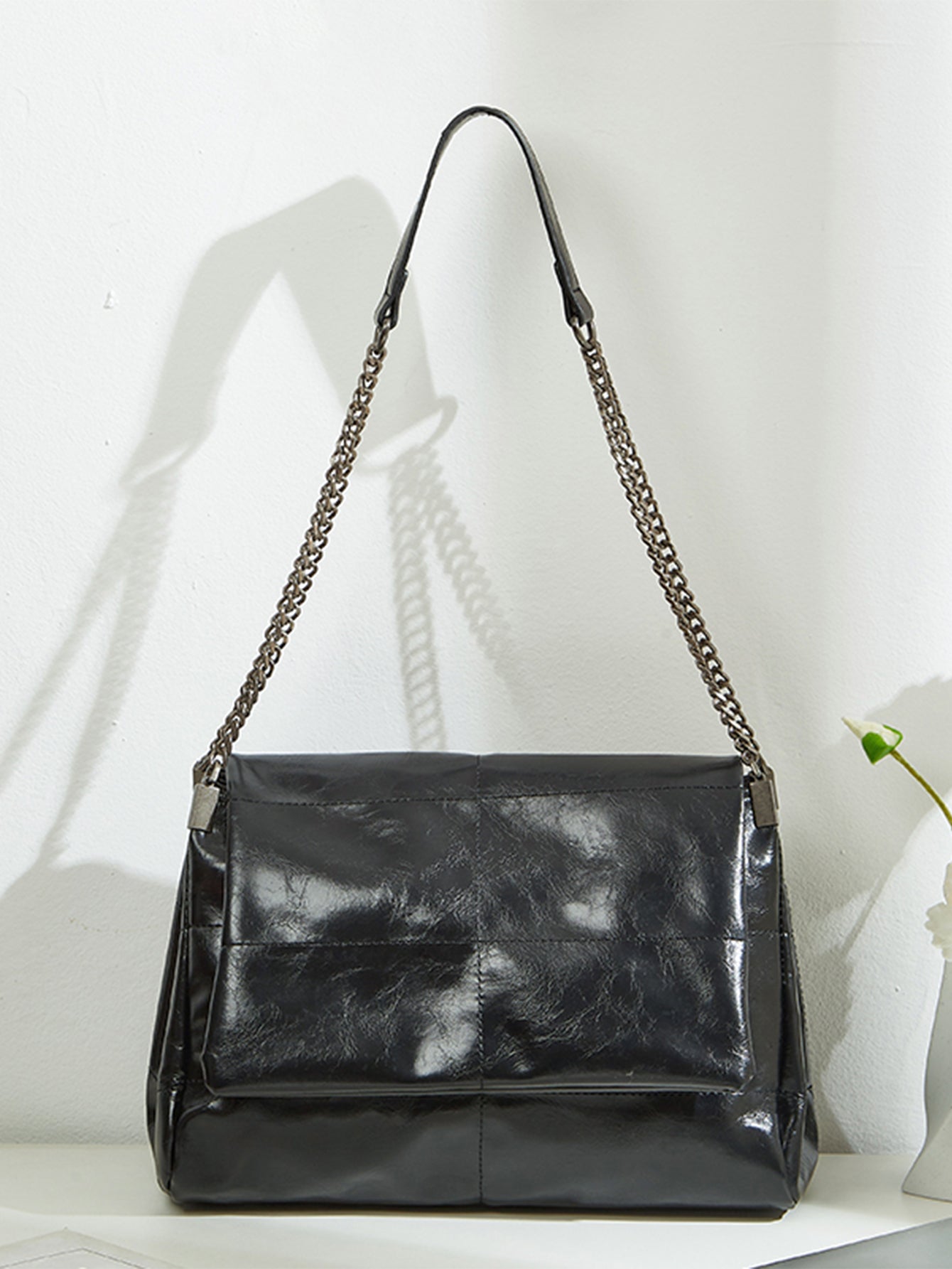 Black Quilted Faux Leather Chain Shoulder Bag Multi Compartment Purse