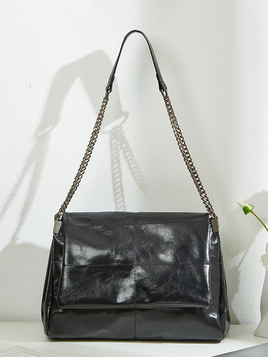 Black Quilted Faux Leather Chain Shoulder Bag Multi Compartment Purse