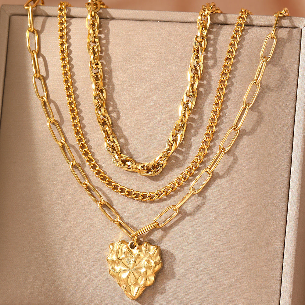 Layered Heart Pendant Necklace Set Stainless Steel Tarnish Resistant