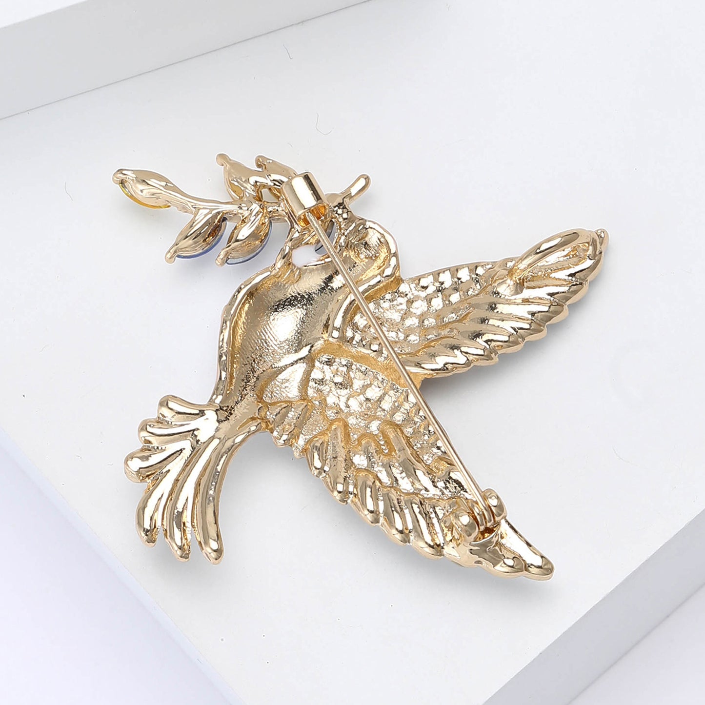 2pcs Peace Dove Brooch Set Gold Enamel Bird Pin Crystal Olive Branch Jewelry