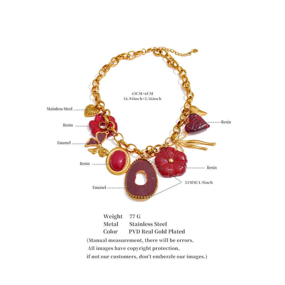 Gold Tone Chunky Chain Necklace with Red Resin Flower and Heart Charms
