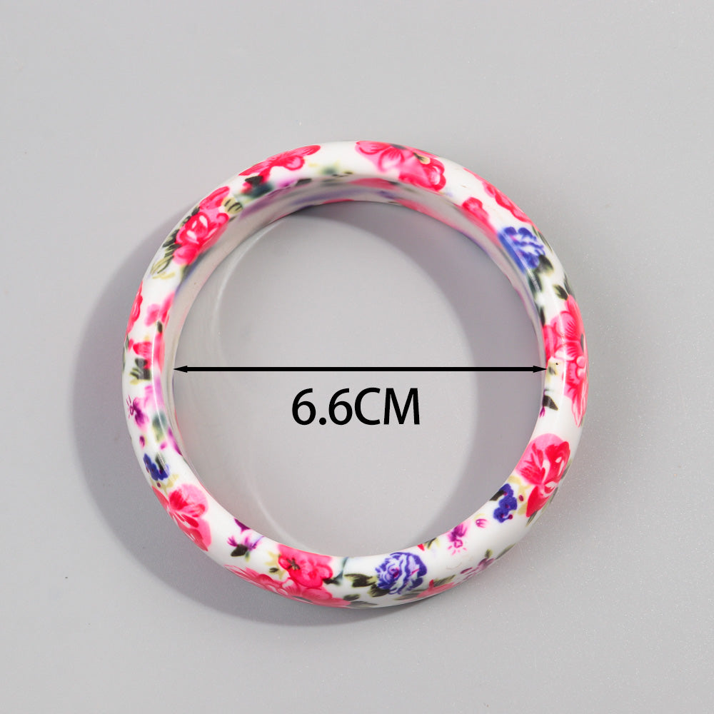 White Floral Resin Bangle Bracelet Garden Style 2.6 Inches Wide