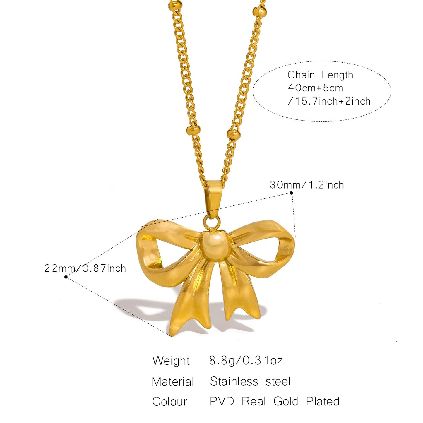 Bowknot Necklace Stainless Steel Gold or Silver Plated Tarnish Resistant