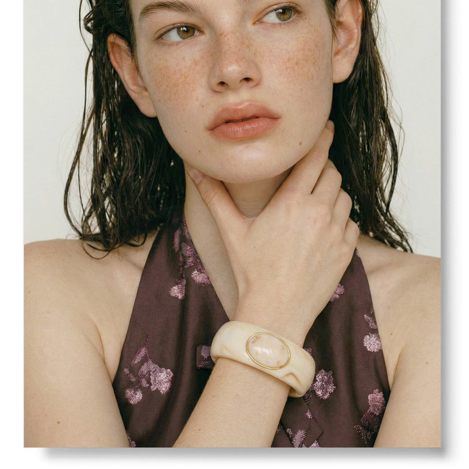 Pink Resin Oval Accent Cuff Bracelet for Women – Chunky Gold Tone Statement Bangle