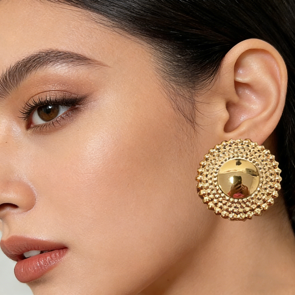 Gold Tone Textured Disc Statement Earrings for Women