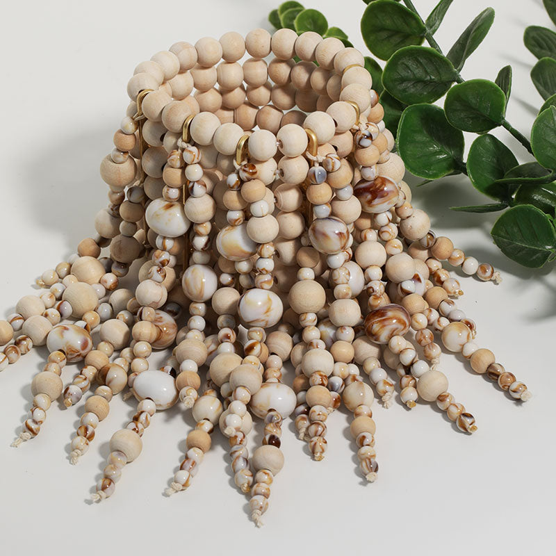 Boho Wood Bead Tassel Cuff Bracelet Statement Wrist Jewelry