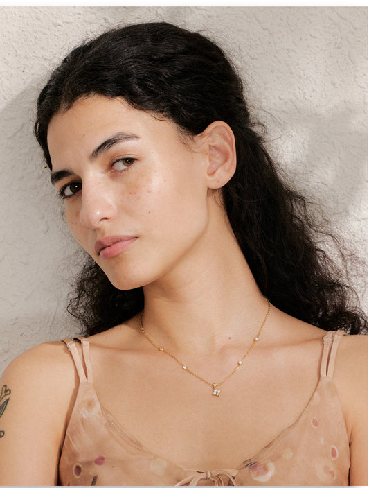 Gold Plated Stainless Steel Flower Necklace with Cubic Zirconia