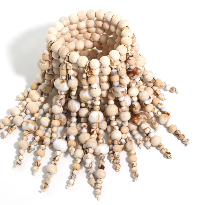 Boho Wood Bead Tassel Cuff Bracelet Statement Wrist Jewelry