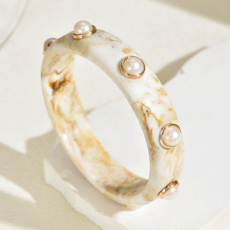 3pcs Tortoise Shell Resin Pearl and Seashell Bangle Set