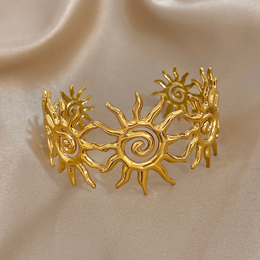 Gold Tone Sun Cuff Bracelet Celestial Boho Open Adjustable Statement Jewelry