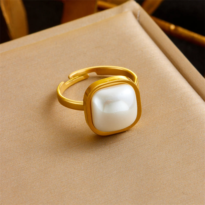3pcs Gold Tone Mother of Pearl Jewelry Set for Women Adjustable Ring Necklace Earrings