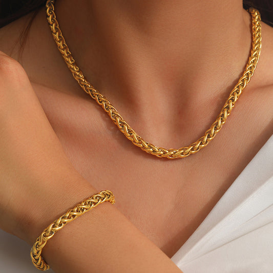 Gold Stainless Steel Braided Chain Necklace Bracelet Set for Women