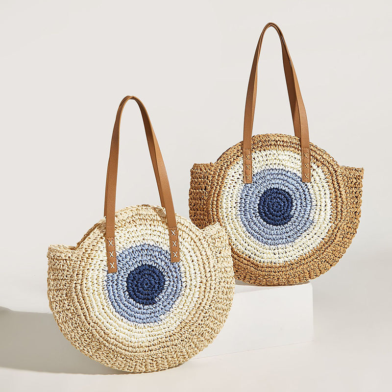 Round Woven Straw Shoulder Bag Bohemian Tote Beach Purse Summer Travel Handbag