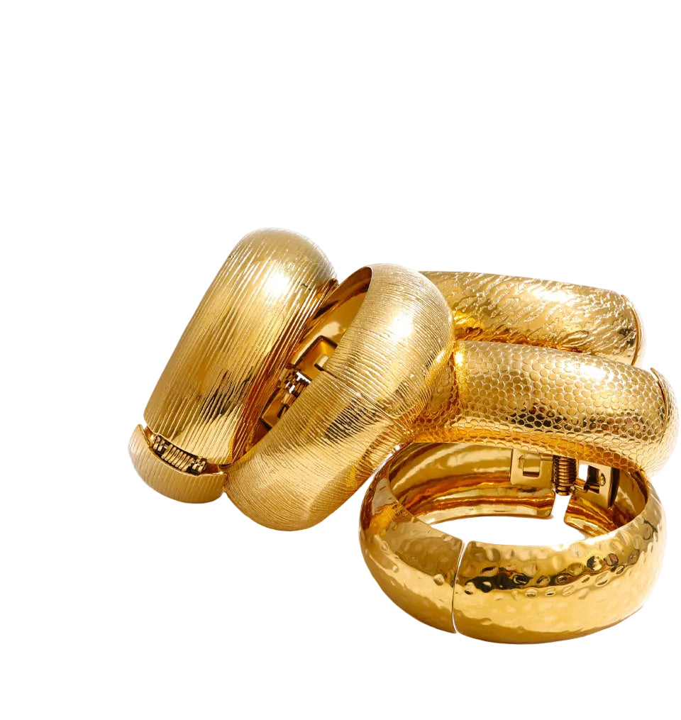 Textured Gold Tone Hinged Bangle Bracelet Minimalist Boho Stackable Jewelry