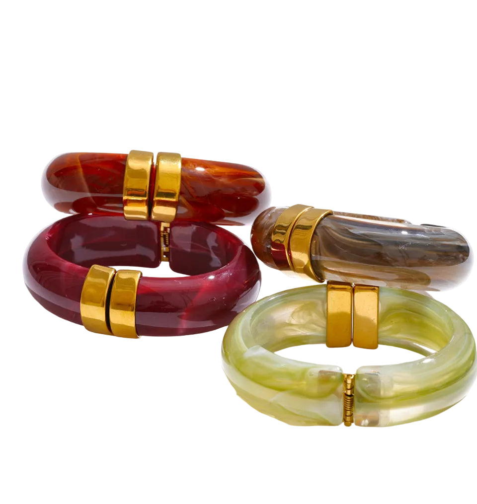 Acrylic Gold Plated Hinge Bangle Bracelet Marbled Earth Tone Fashion Jewelry
