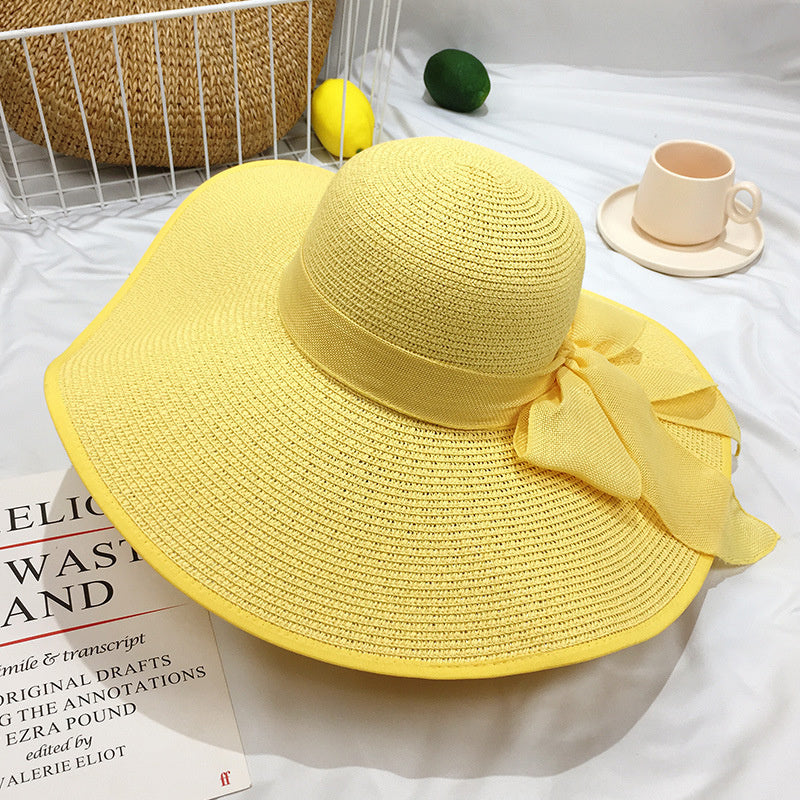 Wide Brim Straw Sun Hat with Chiffon Bow Floppy Beach Cap for Women