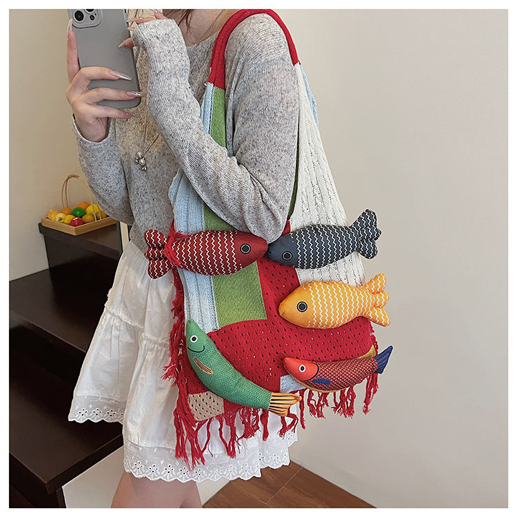 Whimsical Hand-Knit Patchwork Fish Tote Bag - Unique Artisan Boho Shoulder Purse