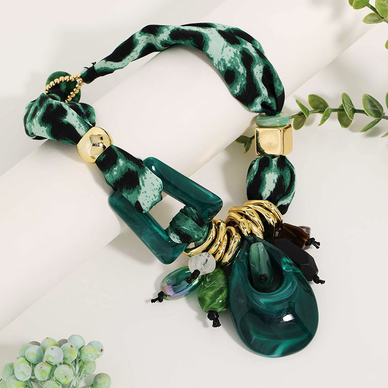 Fabric & Resin Statement Necklace Boho Artisan Chunky Pendant Jewelry for Women