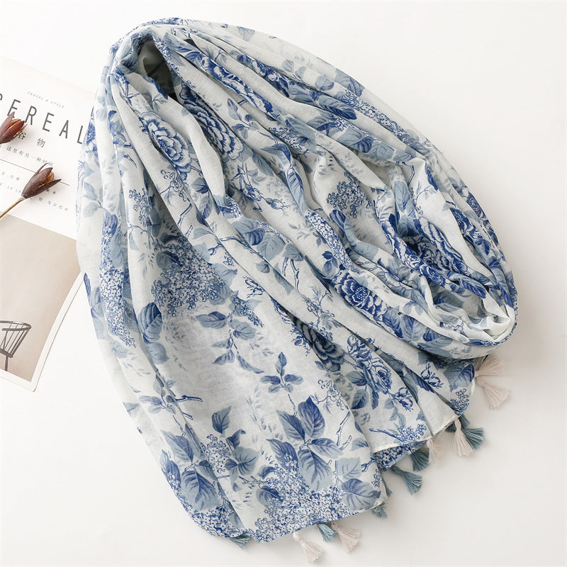 Blue Floral Tassel Scarf Premium Lightweight Wrap