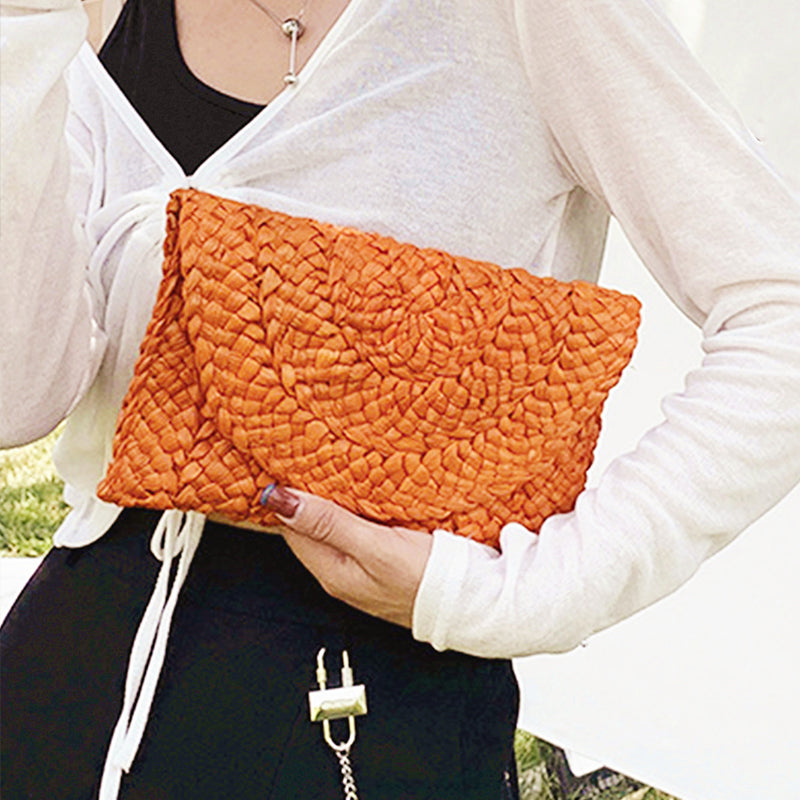 Women Woven Straw Envelope Clutch Bag Summer Beach Crossbody