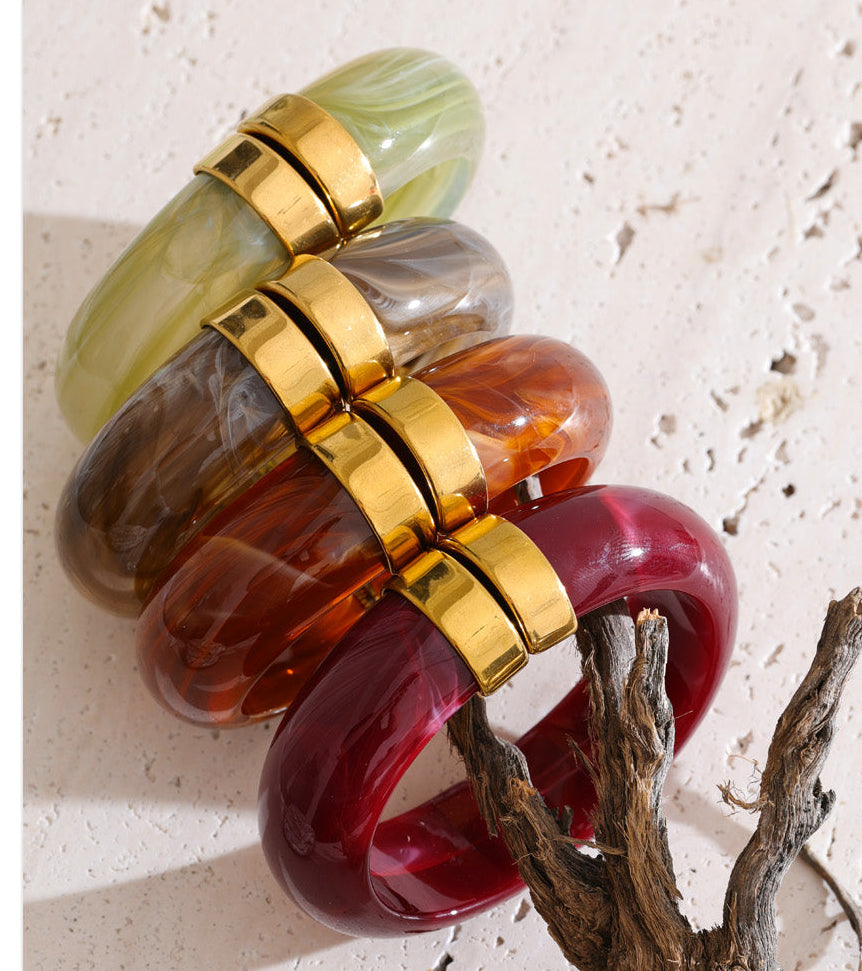 Acrylic Gold Plated Hinge Bangle Bracelet Marbled Earth Tone Fashion Jewelry