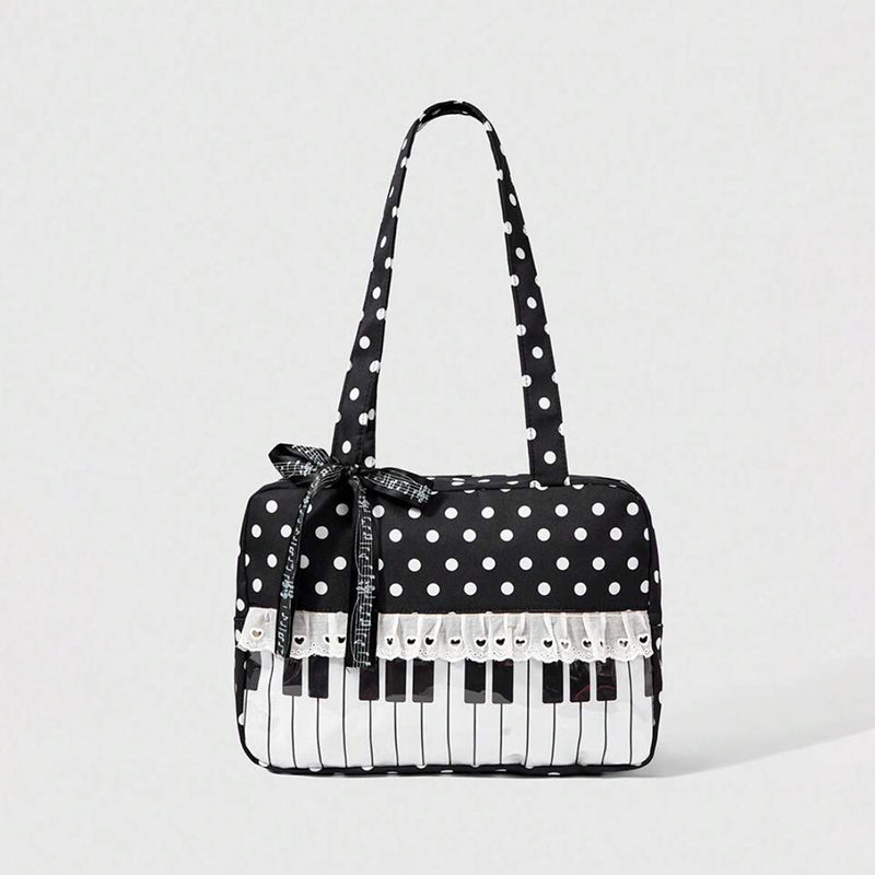 Piano Keyboard Polka Dot Tote Bag Musical Note Ribbon Bow Shoulder Handbag