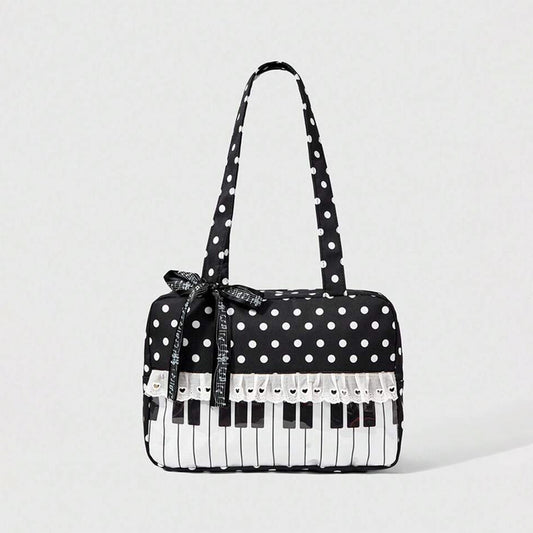 Piano Keyboard Polka Dot Tote Bag Musical Note Ribbon Bow Shoulder Handbag