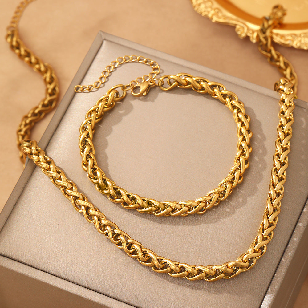 Gold Stainless Steel Braided Chain Necklace Bracelet Set for Women