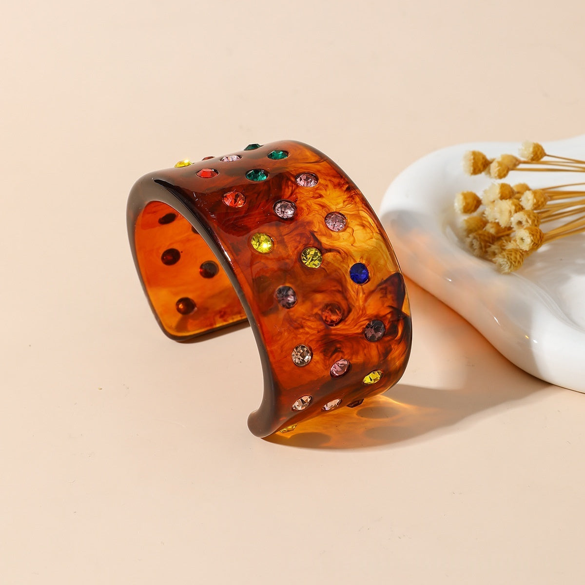 Crystal Inlaid Resin Cuff Bracelet Wide Bangle Summer Accessory
