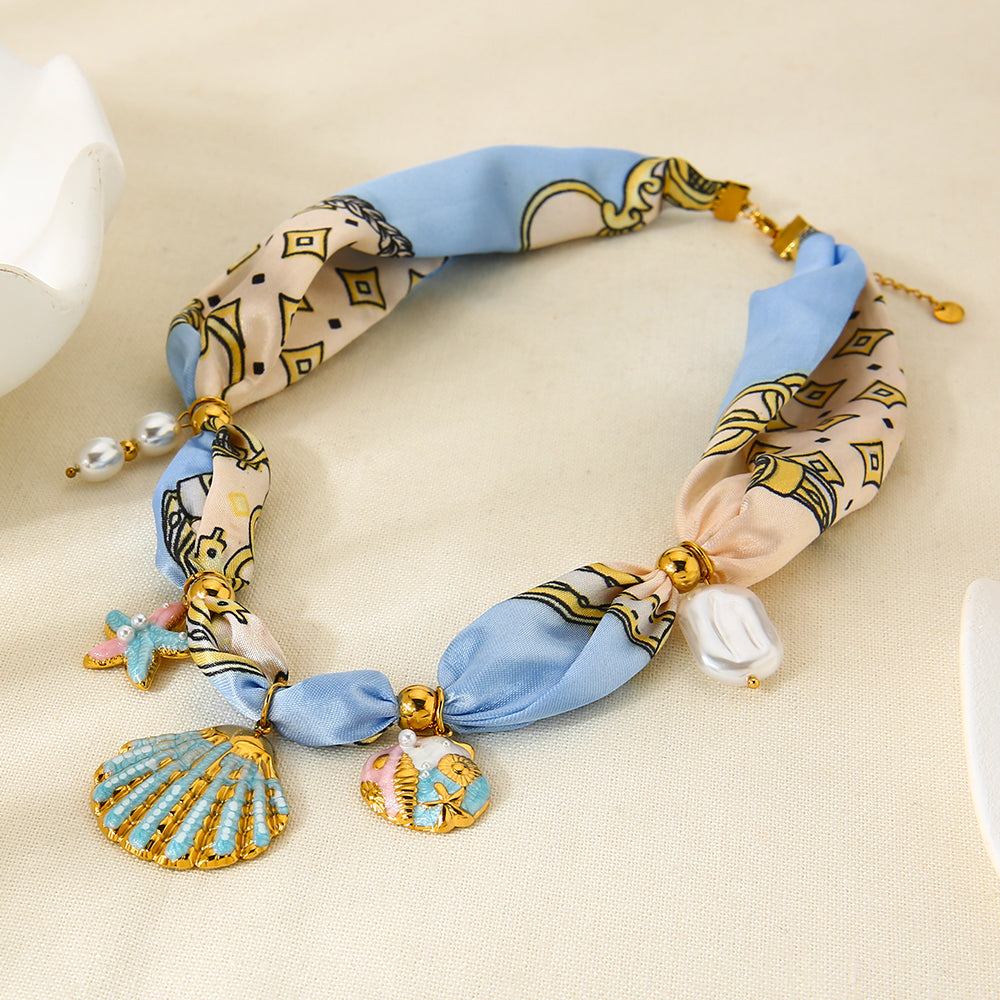 Seashell Charm Silk Scarf Necklace Coastal Shell Starfish Pearl Statement Jewelry