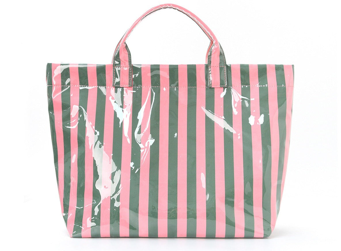 Pink and Green Striped Tote Bag Glossy Waterproof Travel Beach Shoulder Bag