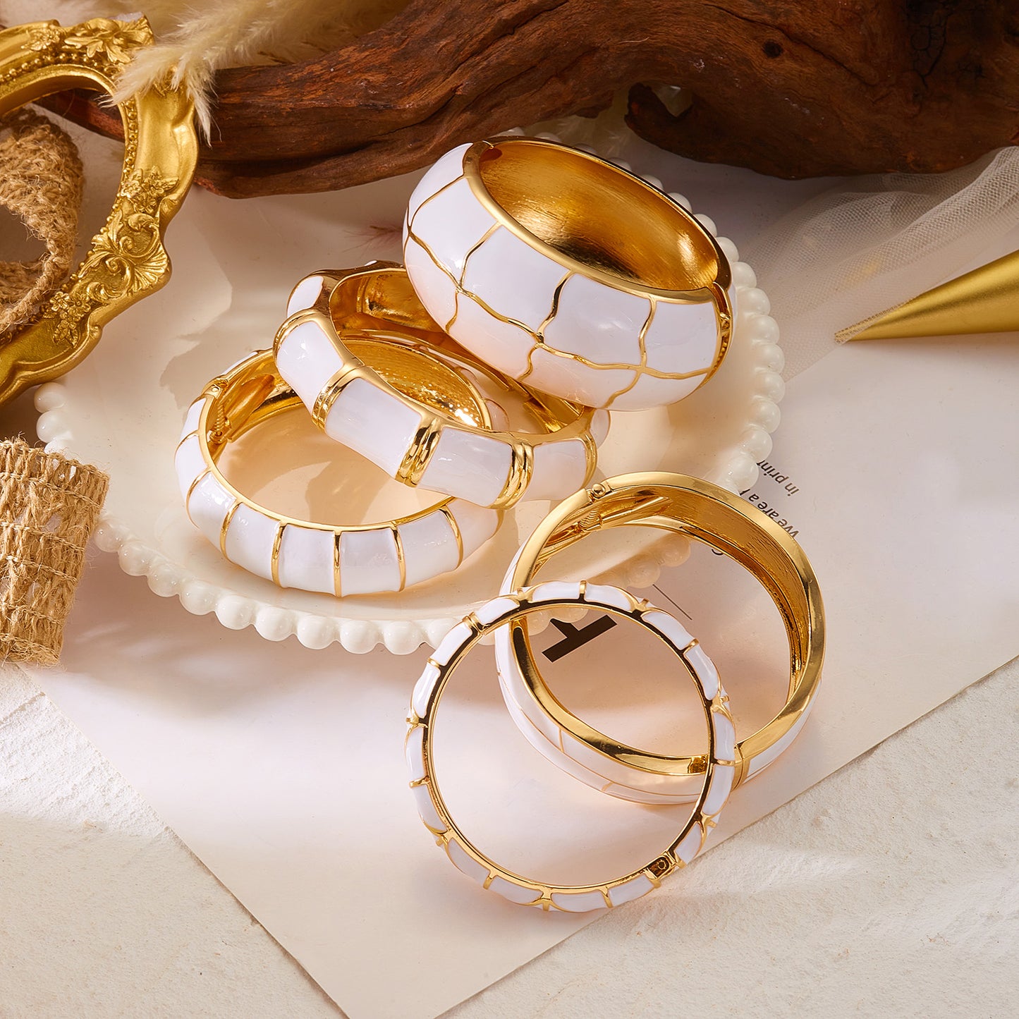 Cream Enamel Gold Tone Bangle Minimalist Stackable Bracelet
